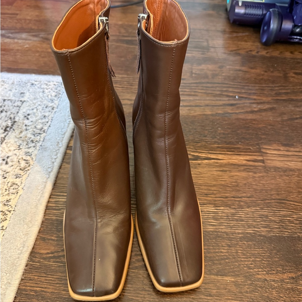 Brown Leather Square-Toe Ankle Boots